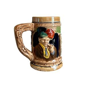 1970s Brown Man and Children Themed Ceramic Handled Beer Stein or Mug